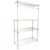 Carbon Steel Kitchen Bakers Rack with MDF Wood Shelf and Hanging Bar with Hooks