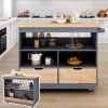 Rolling Kitchen Island with Storage, Two-sided Kitchen island Cart on Wheels with Wood Top, Wine and Spice Rack, Large Kitchen Cart with 2 Drawers