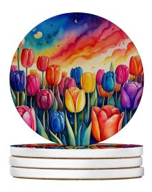 Colorful Tulips Large Sandstone Coasters Pack of 4 Absorbent Round Coasters Decor Gifts for Men or Women, 4 in, Multicolor