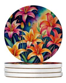 Colorful Lilies Large Sandstone Coasters Pack of 4 Absorbent Round Coasters Decor Gifts for Men or Women, 4 in, Multicolor