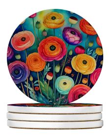 Colorful Ranunculus Large Sandstone Coasters Pack of 4 Absorbent Round Coasters Decor Gifts for Men or Women, 4 in, Multicolor