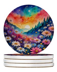 Colorful Asters Large Sandstone Coasters Pack of 4 Absorbent Round Coasters Decor Gifts for Men or Women, 4 in, Multicolor