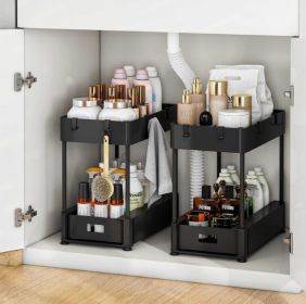 2PC Under Sink Organizer Rack 2 Tier Under Sliding Cabinet Basket Organizer Drawer With 4 Hooks, Multi-purpose Under Sink Storage For Bathroom Kitchen