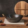 Cast Iron Wok Pan with Dual Handle and Wooden Lid(AMZ Shipping)